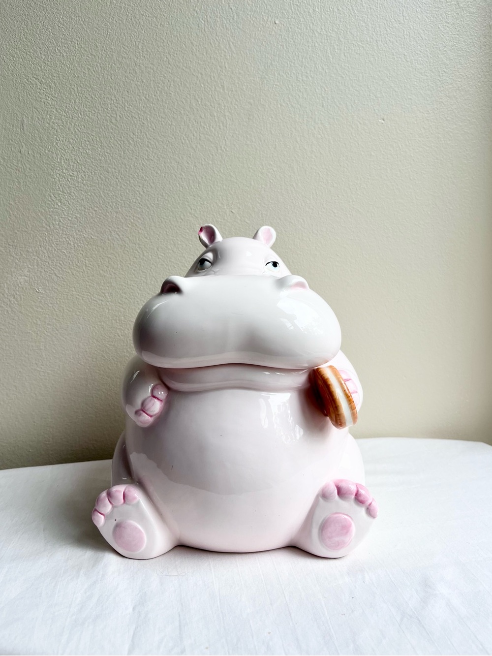Rare Vintage Fitz And Floyd Pink Ceramic Hippo Cookie Jar Good Condition 1980s